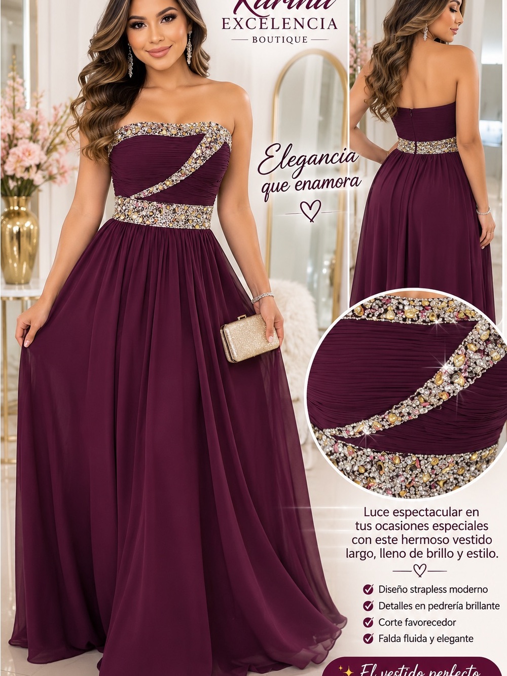 Strapless Embellished Evening Gown in Deep Plum